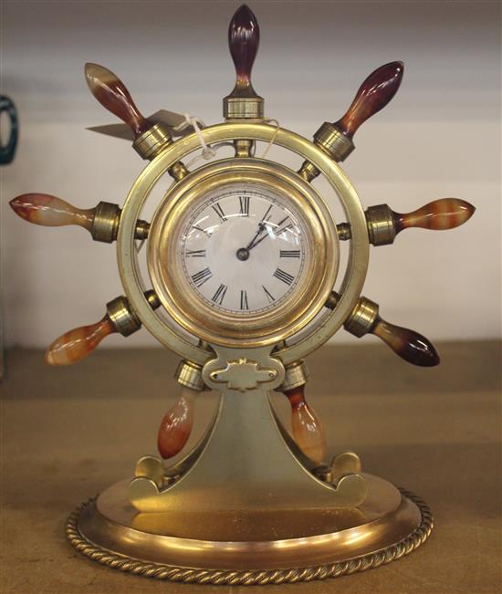 Novelty ships wheel brass mantel clock with agate handles